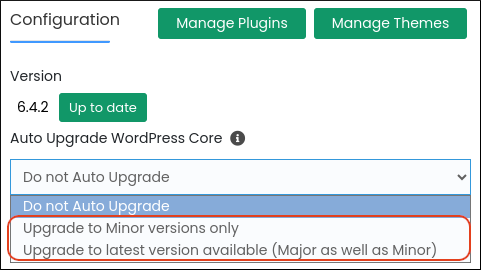 Softaculous - WordPress Manager - Upgrade options